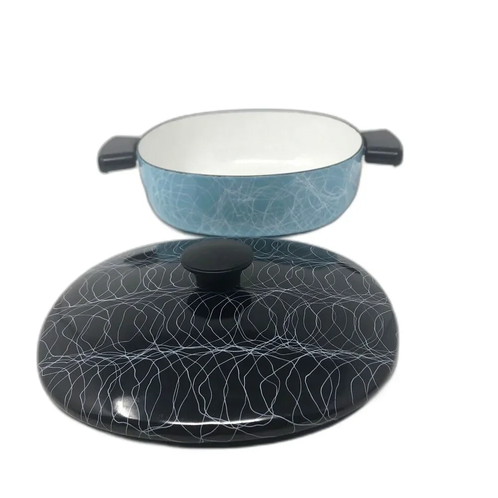 Serendipity 2 Qt Casserole MCM Spaghetti Drizzle Enamel Turquoise Black Cookware